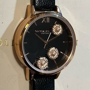 Olivia Burton Dancing Daisy Floating Flowers Watch With Black Leather Band